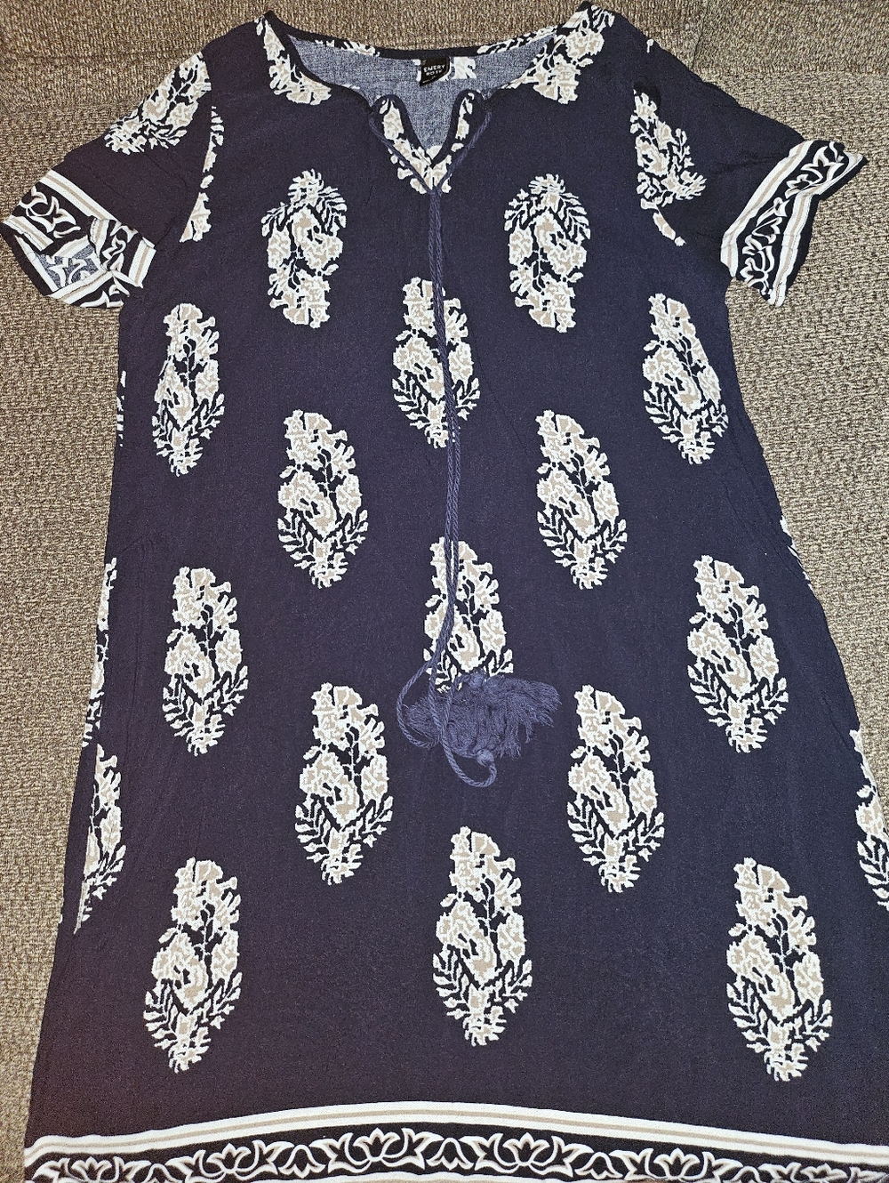Women's Navy Blue Tassel Midi Dress with White Paisley Print